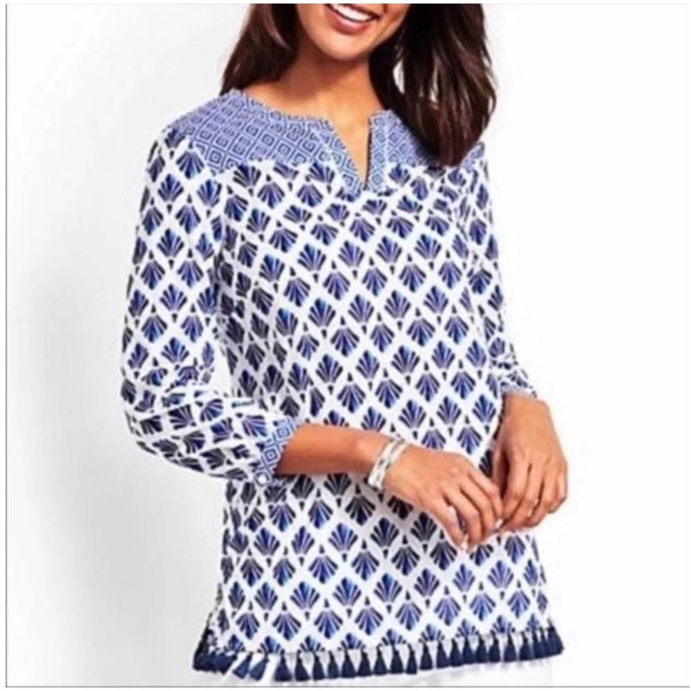Talbots Painted Fans Geometric Print Tassel Hem Cotton Popover Top M Petite EUC